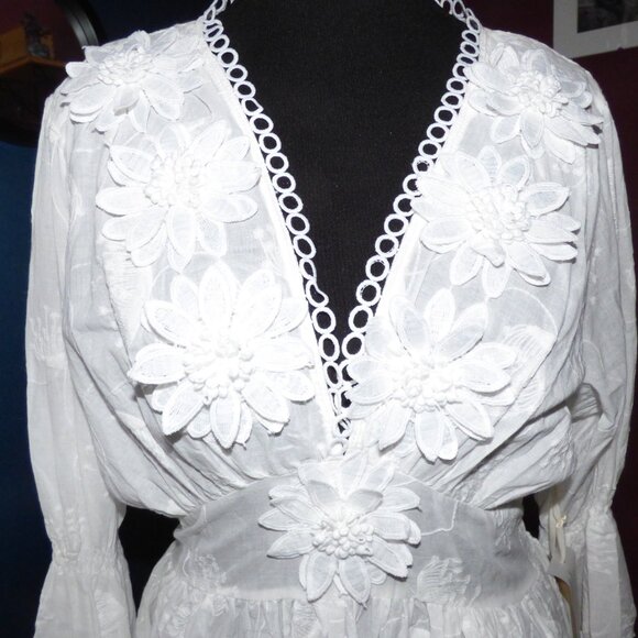 GOTH BOHO HIPPY WEDDING WHITE FLORAL WOVED LONG SLEEVED MINI SKATER DRESS XL - Picture 8 of 16